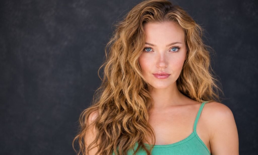 Alyssa McKay portrait with long wavy blonde hair, blue eyes, and a mint-green top against a dark background.