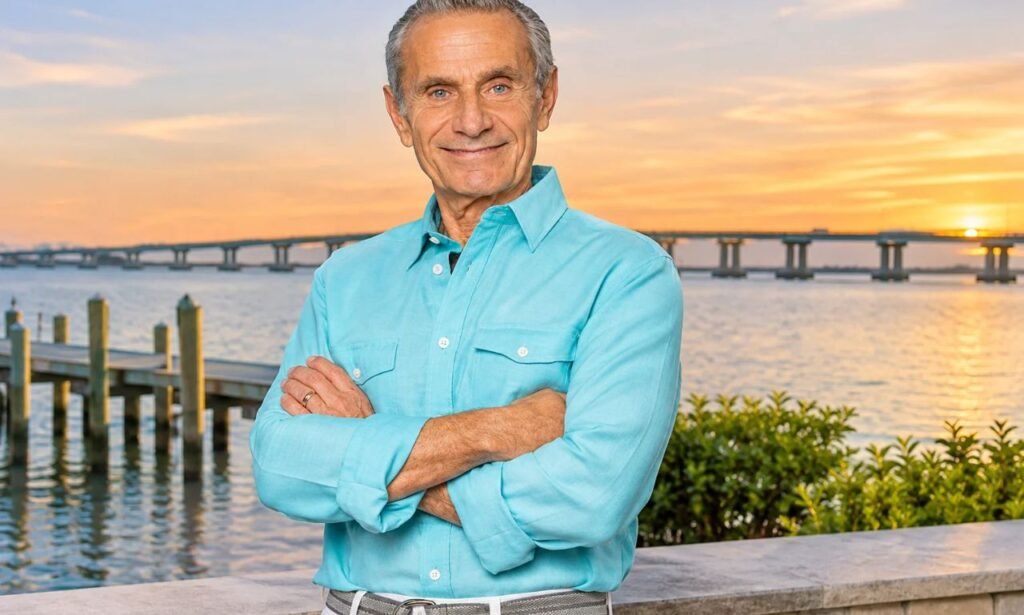Charles Gamarekian wearing a turquoise shirt and white trousers, standing with crossed arms beside a waterfront at sunset.