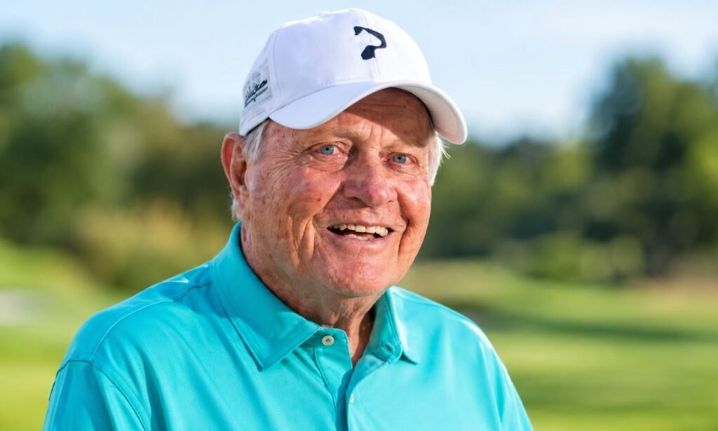 Jack Nicklaus smiling in a turquoise polo shirt and white golf cap on a golf course, with a green landscape in the background.