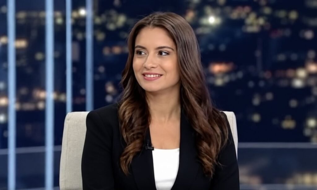 Krysia Lenzo smiling in a professional studio interview, wearing a black blazer over a white top with a blurred city-light background.