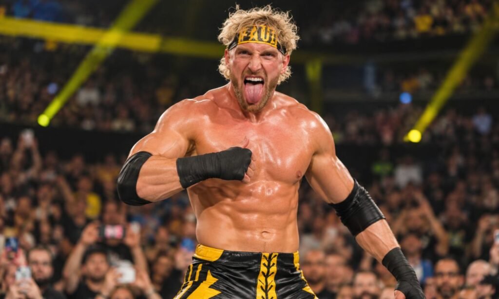 Logan Paul celebrating in a WWE wrestling ring, wearing black-and-yellow wrestling gear and a headband in front of a cheering crowd.