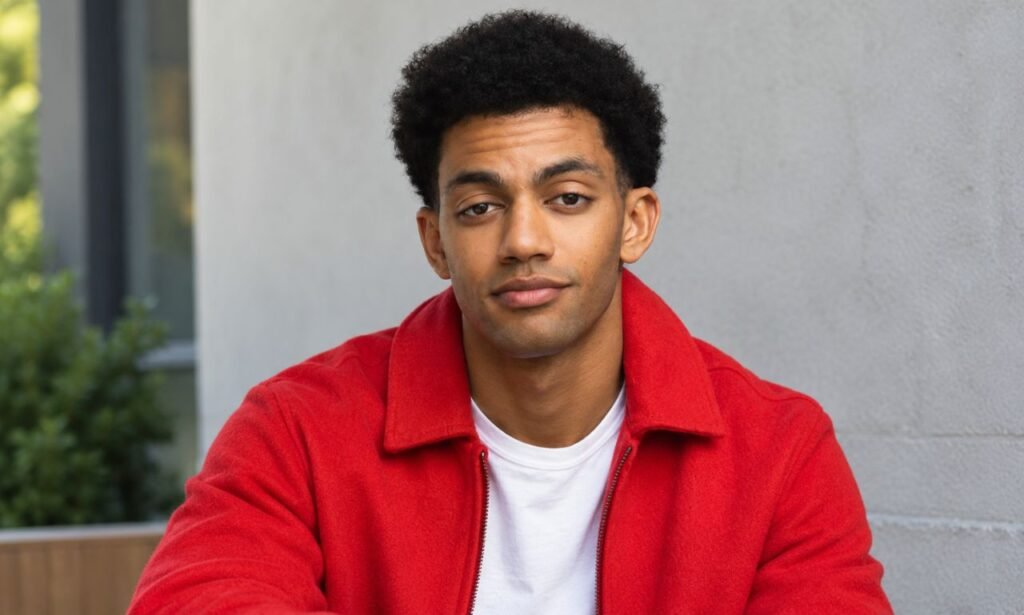 Miles Fowler wearing a red jacket and white T-shirt posing for a portrait against a modern gray wall.