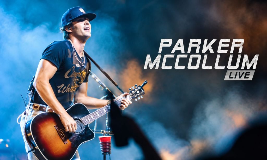 Parker McCollum performing live on stage with an acoustic guitar, surrounded by blue and amber lighting, with “Parker McCollum Live” text on the right.