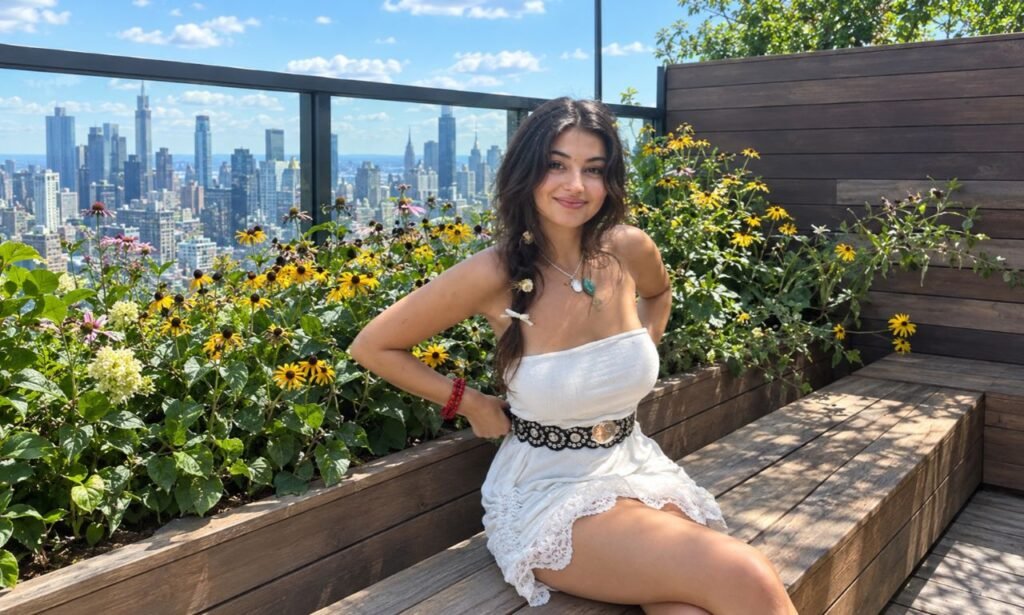 Renee Monaco posing in a white summer dress with a decorative black belt on a rooftop garden overlooking the New York City skyline.