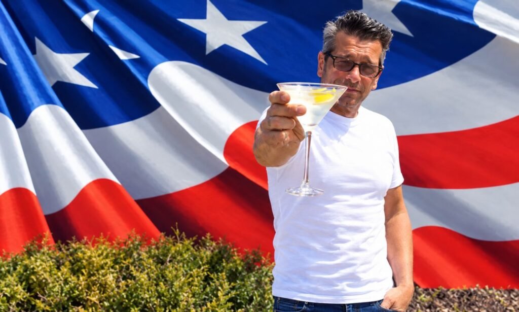 Scott LoBaido standing in front of a large American flag mural while holding a glass, highlighting the patriotic artist’s creative career.