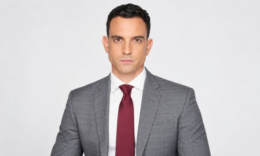 Trey Yingst wearing a gray checked suit, white shirt, and burgundy tie against a light gray background.